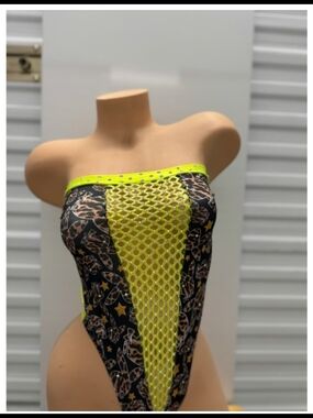 Neon Yellow Trim Black Printed Mesh One-Piece Swimsuit playboy one size